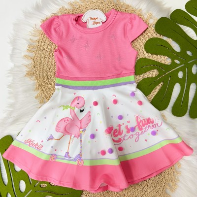  Vestido Flamingo com Pompons - Rosa e Branco